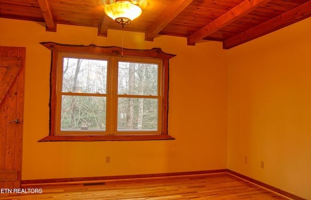 empty room featuring beamed ceiling, light wood-type flooring, and wooden ceiling