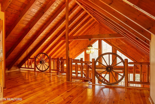 unfurnished living room featuring vaulted ceiling with beams, ceiling fan, wood ceiling, and hardwood / wood-style flooring