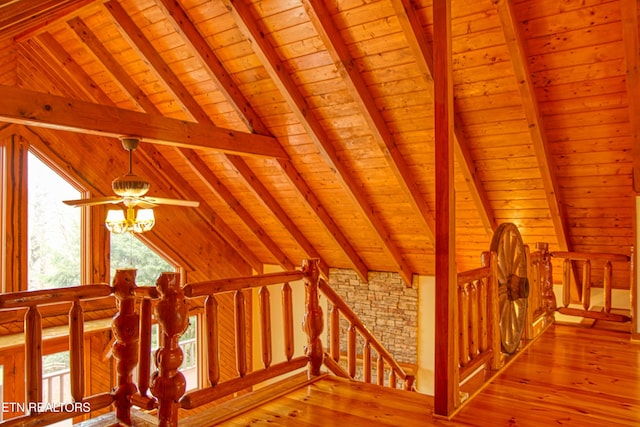 interior space featuring hardwood / wood-style floors, lofted ceiling with beams, and wood ceiling