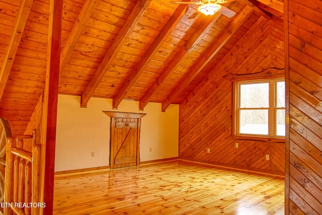 bonus room featuring vaulted ceiling with beams, wood walls, light wood-type flooring, and wooden ceiling