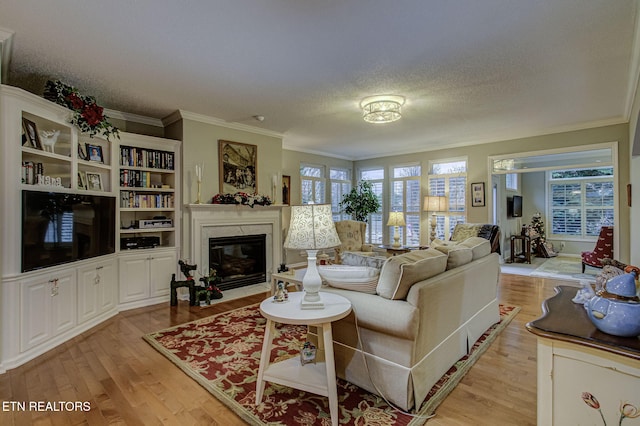 living room with a fireplace, light hardwood / wood-style floors, a textured ceiling, and ornamental molding