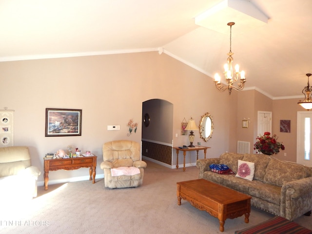 carpeted living room with an inviting chandelier, crown molding, and lofted ceiling