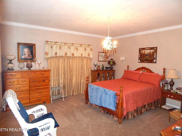 carpeted bedroom with a chandelier and ornamental molding