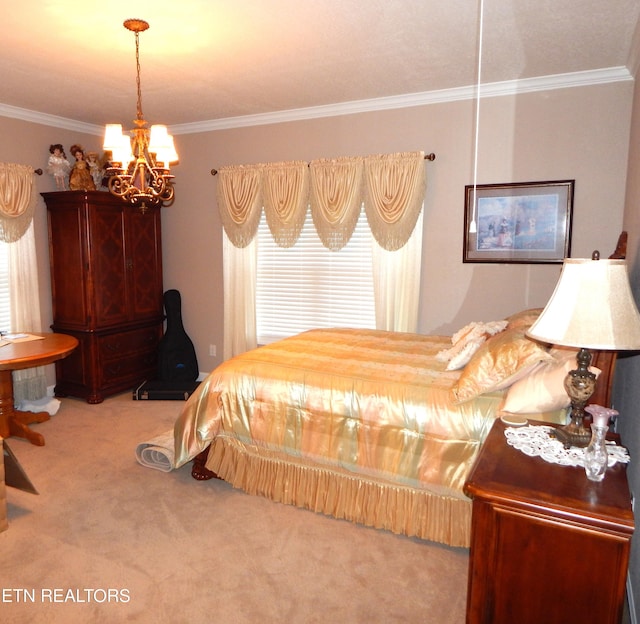 bedroom with carpet flooring, a chandelier, multiple windows, and ornamental molding