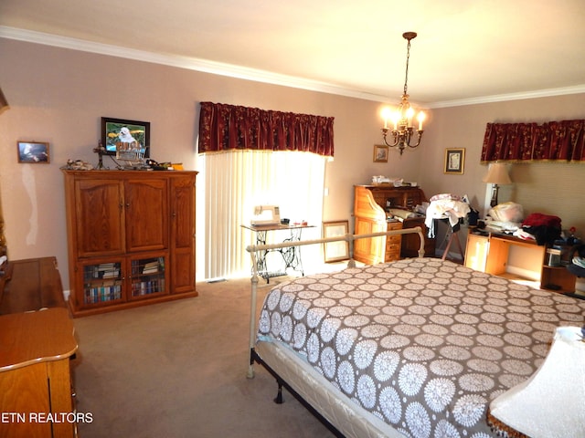 bedroom with carpet flooring, crown molding, and a notable chandelier