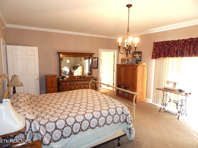 carpeted bedroom featuring crown molding and a chandelier