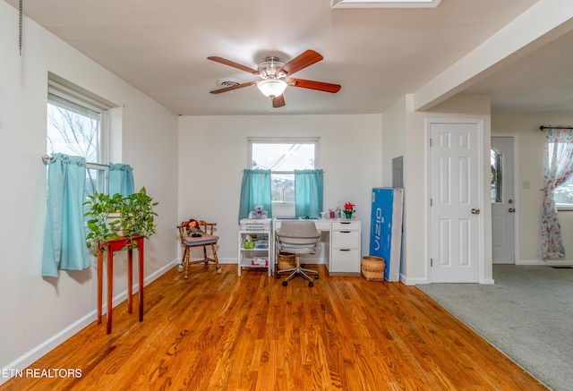 office space featuring hardwood / wood-style floors and ceiling fan