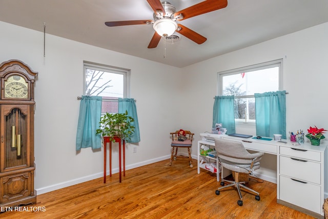 office space featuring light hardwood / wood-style floors, plenty of natural light, and ceiling fan