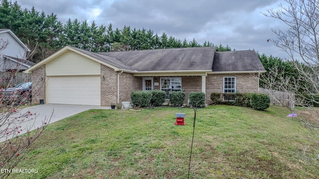 single story home featuring a front lawn and a garage