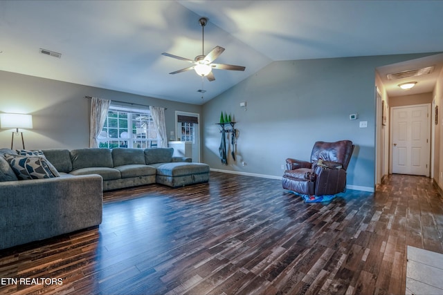 living room with dark hardwood / wood-style floors, vaulted ceiling, and ceiling fan