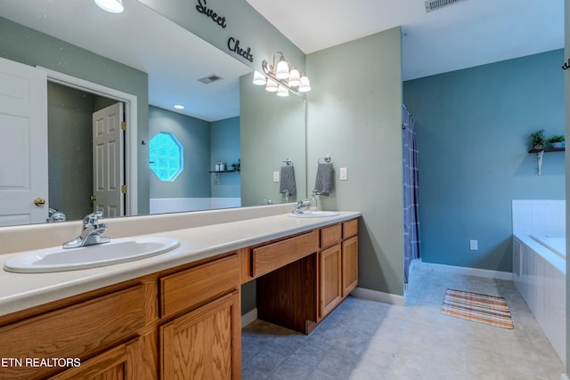 bathroom with separate shower and tub and vanity