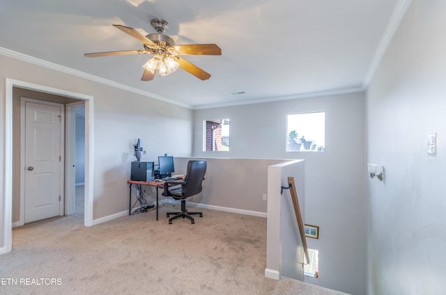 427 Montana Ct, Seymour, TN 37865 - home office featuring light carpet, ceiling fan, and ornamental molding