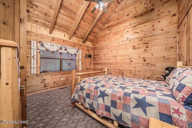 carpeted bedroom featuring vaulted ceiling with beams, wood walls, and wood ceiling