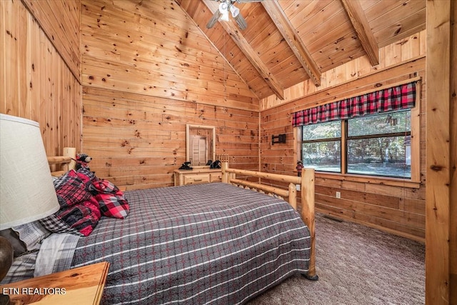 bedroom with carpet flooring, vaulted ceiling with beams, wooden ceiling, and wood walls