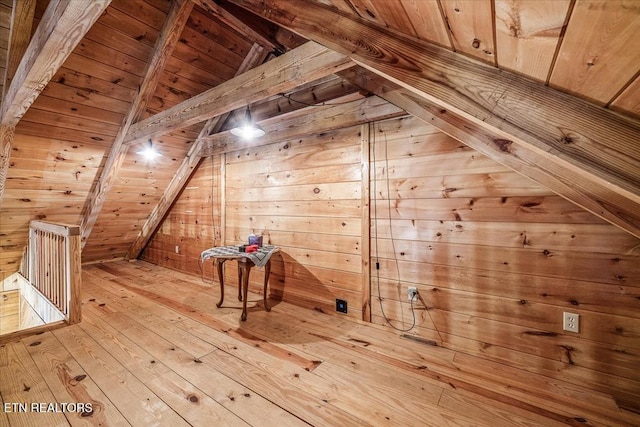 additional living space with lofted ceiling with beams, wood walls, wood ceiling, and light hardwood / wood-style floors