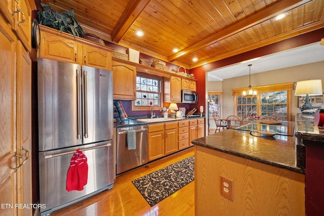 kitchen with sink, stainless steel appliances, light hardwood / wood-style flooring, beamed ceiling, and wood ceiling