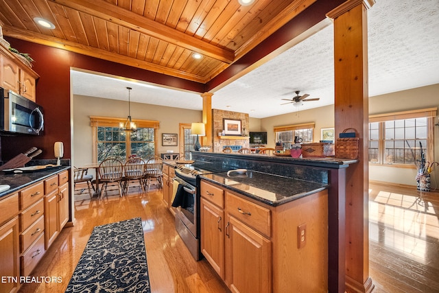 kitchen featuring a wealth of natural light, light hardwood / wood-style flooring, ceiling fan with notable chandelier, and appliances with stainless steel finishes