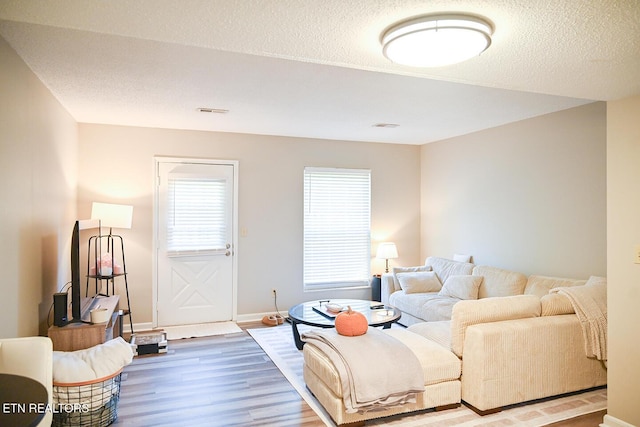 living room with hardwood / wood-style floors and a textured ceiling