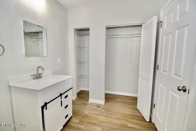 bathroom with hardwood / wood-style floors and vanity