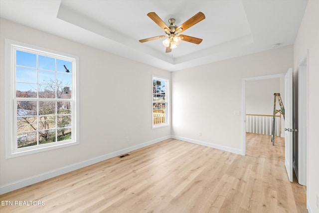 empty room with a tray ceiling, plenty of natural light, and light hardwood / wood-style floors