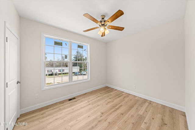 spare room featuring ceiling fan and light hardwood / wood-style floors