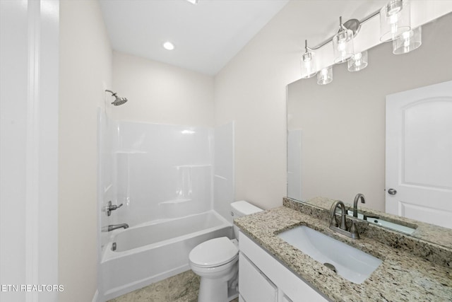 full bathroom with shower / tub combination, vanity, and toilet