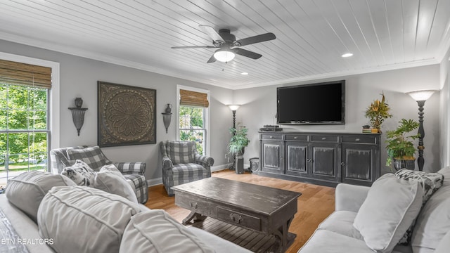 living room with wooden ceiling, light hardwood / wood-style flooring, and a healthy amount of sunlight