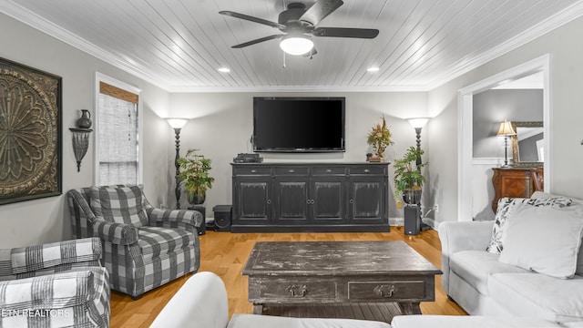 living room with crown molding, ceiling fan, wood ceiling, and light wood-type flooring