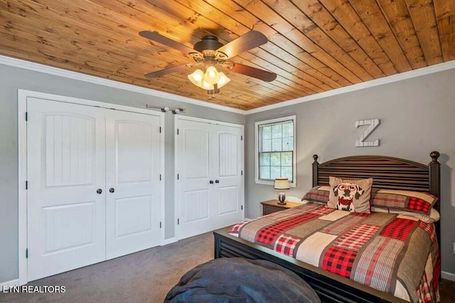 bedroom featuring ceiling fan, ornamental molding, wood ceiling, and dark colored carpet