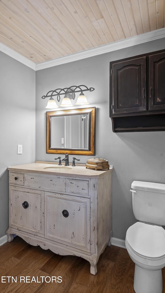 bathroom featuring crown molding, toilet, wood ceiling, and wood-type flooring