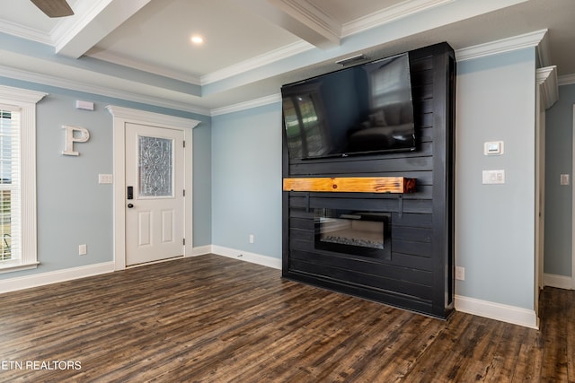 unfurnished living room featuring beamed ceiling, dark hardwood / wood-style floors, and crown molding