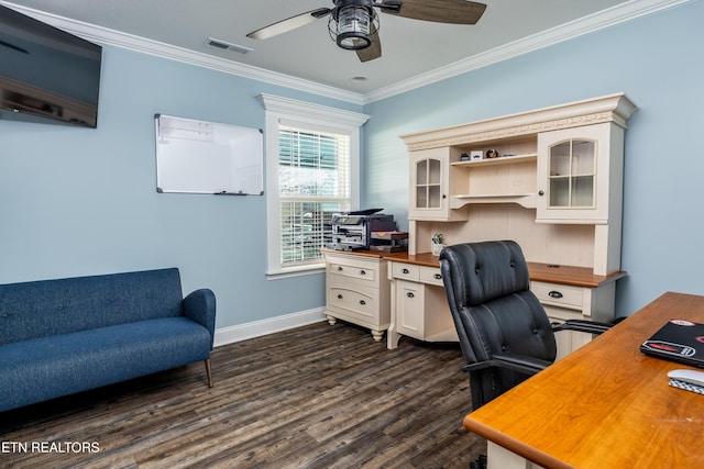 office space with dark hardwood / wood-style floors, ceiling fan, and crown molding