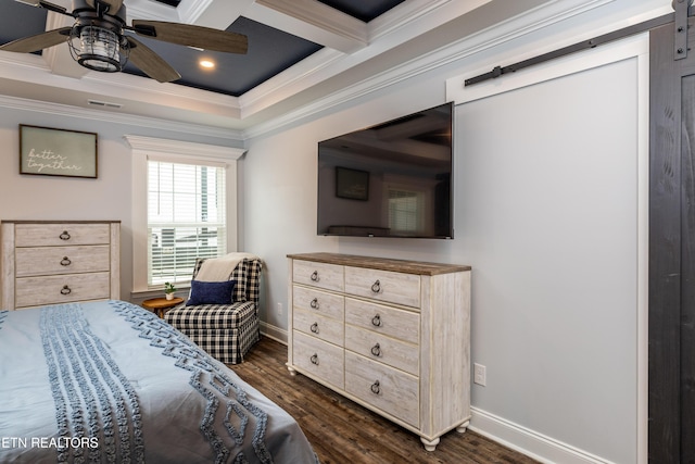 bedroom with dark wood-type flooring, crown molding, ceiling fan, a barn door, and beam ceiling