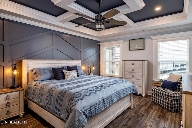 bedroom featuring multiple windows, dark hardwood / wood-style floors, ceiling fan, and crown molding