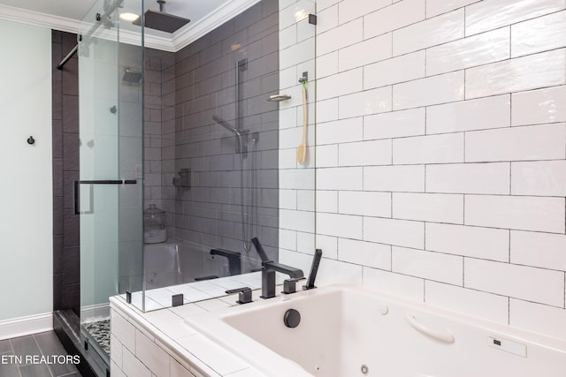 bathroom featuring plus walk in shower and ornamental molding