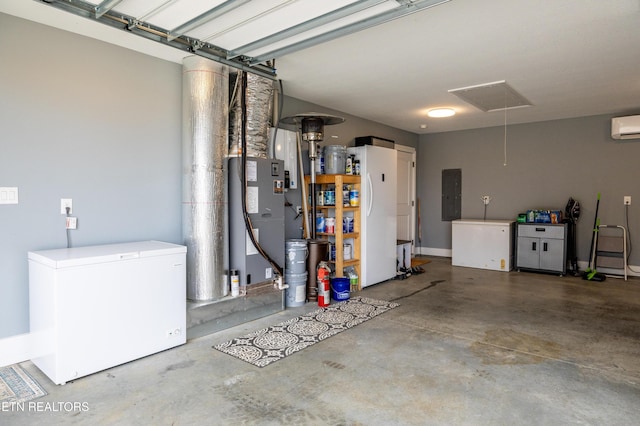 garage with electric panel, a wall mounted AC, fridge, and white refrigerator