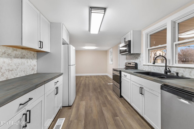 kitchen featuring sink, butcher block countertops, backsplash, white cabinets, and appliances with stainless steel finishes