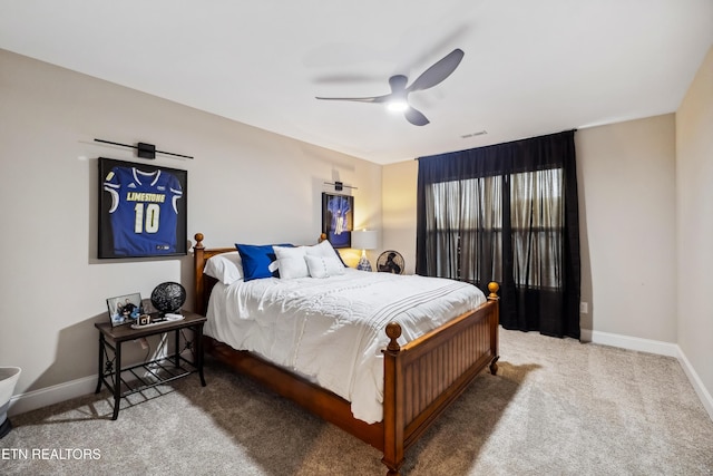 bedroom featuring carpet floors and ceiling fan