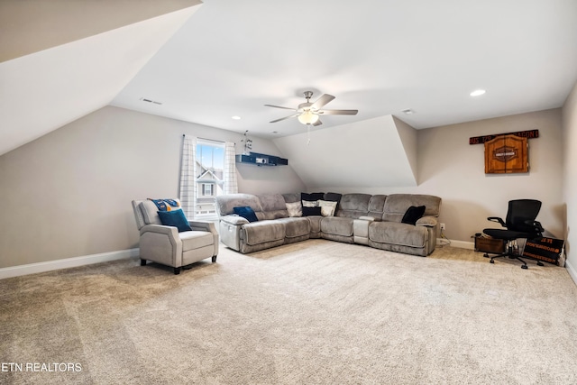 living room featuring lofted ceiling, ceiling fan, and carpet floors