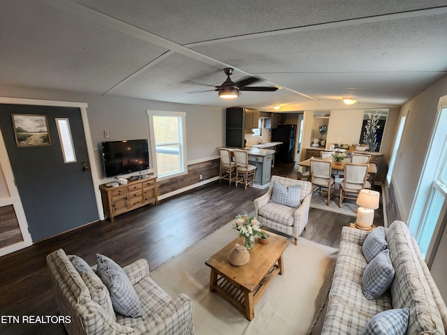 living room with a textured ceiling, dark wood-type flooring, lofted ceiling, and ceiling fan