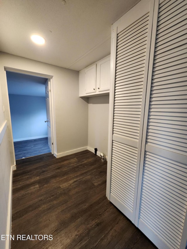 clothes washing area featuring dark hardwood / wood-style flooring