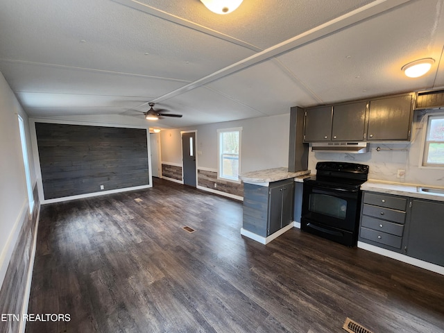 kitchen featuring black electric range, lofted ceiling, dark hardwood / wood-style floors, and a wealth of natural light