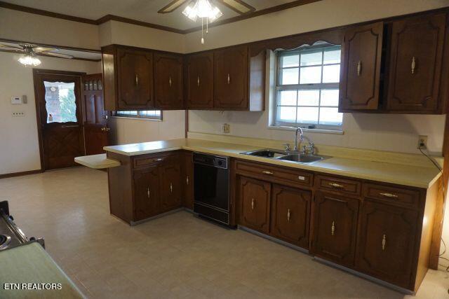 kitchen featuring crown molding, sink, dark brown cabinets, and black dishwasher