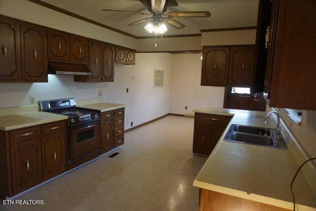 kitchen featuring range with electric cooktop, ornamental molding, dark brown cabinetry, ceiling fan, and sink