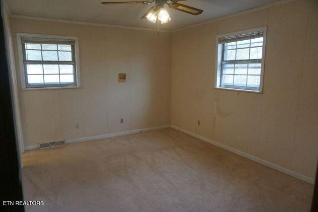 empty room featuring ceiling fan, light colored carpet, and ornamental molding