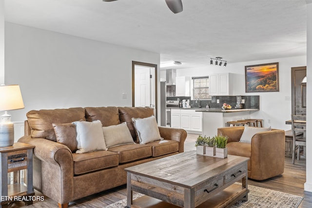 living room with hardwood / wood-style flooring, ceiling fan, and sink