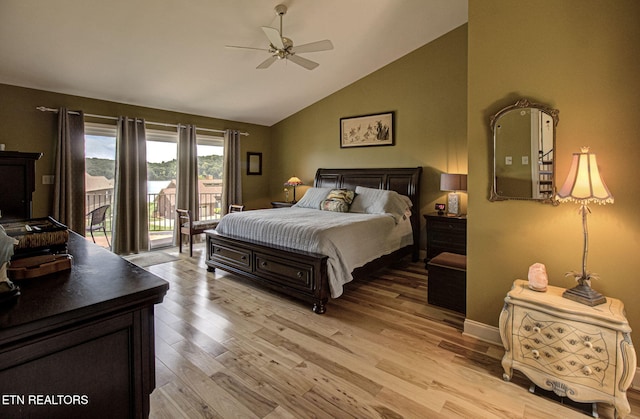 bedroom with access to outside, ceiling fan, light hardwood / wood-style flooring, and high vaulted ceiling