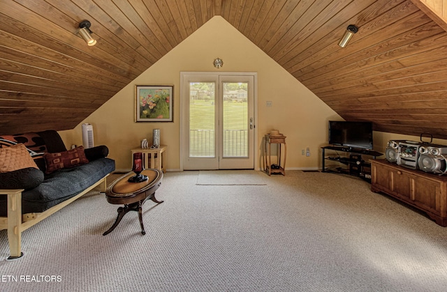 interior space featuring light carpet, wood ceiling, and vaulted ceiling