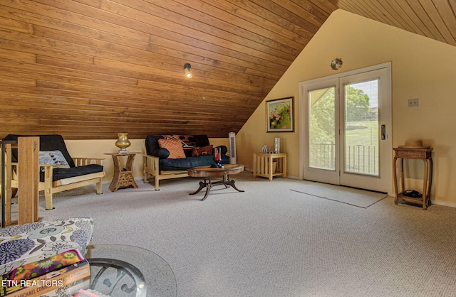 sitting room with carpet, wood ceiling, and vaulted ceiling