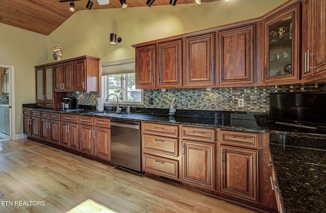 kitchen with wooden ceiling, high vaulted ceiling, sink, stainless steel dishwasher, and decorative backsplash